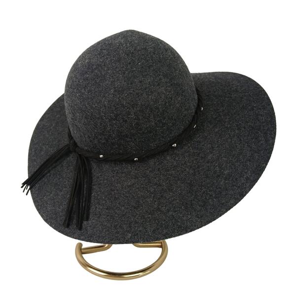 Lucky Brand 100% Wool Dark Gray BOHO HIPPIE Festival/Concert Hat Leather Studs - Picture 2 of 5